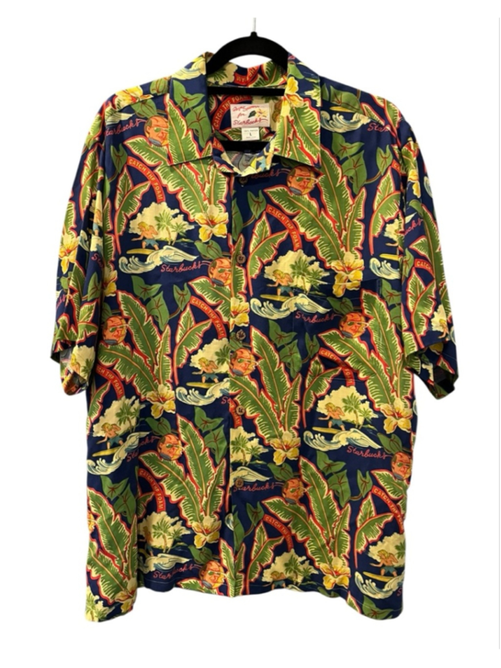 VTG 90s Reyn Spooner Starbucks Doonesbury Hawaiian Shirt L Rayon Uncle Duke Rare